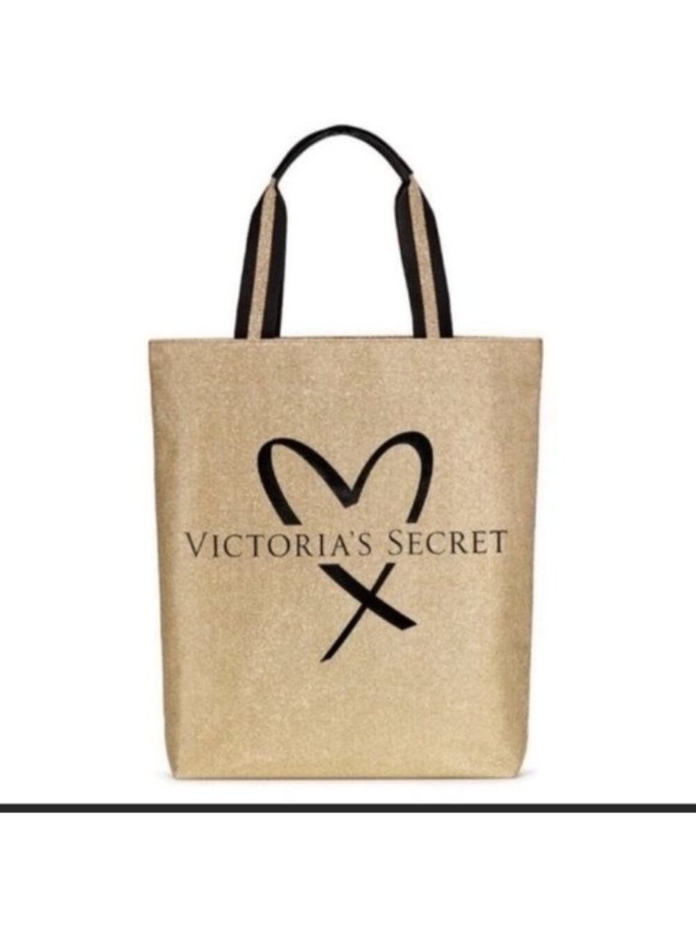VS Fashion Show Gold Glamour Gold & Black Heart Logo Tote EUC